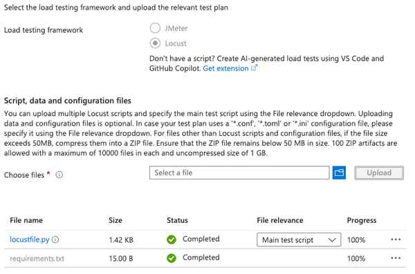 Showing the Azure Portal Load Testing Test config tab