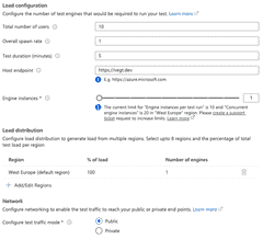 Showing the Azure Portal Load Testing Test load tab
