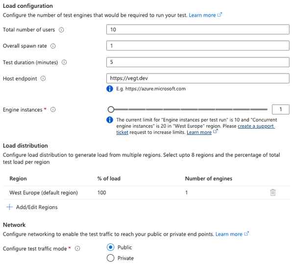 Showing the Azure Portal Load Testing Test load tab