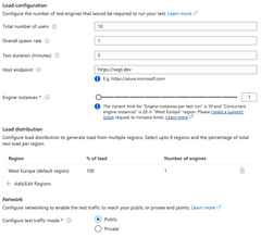 Showing the Azure Portal Load Testing Test load tab