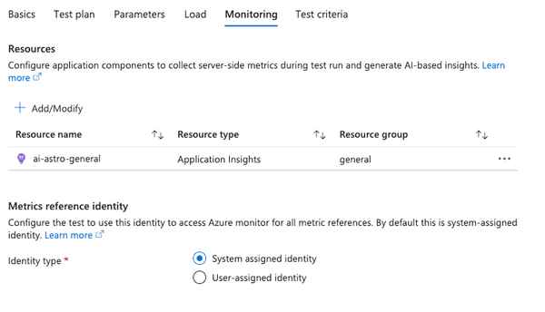 Showing the Azure Portal Load Testing Test monitoring tab