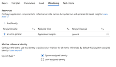 Showing the Azure Portal Load Testing Test monitoring tab