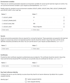 Showing the Azure Portal Load Testing Test parameters tab