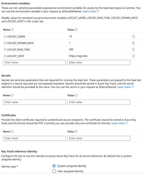 Showing the Azure Portal Load Testing Test parameters tab